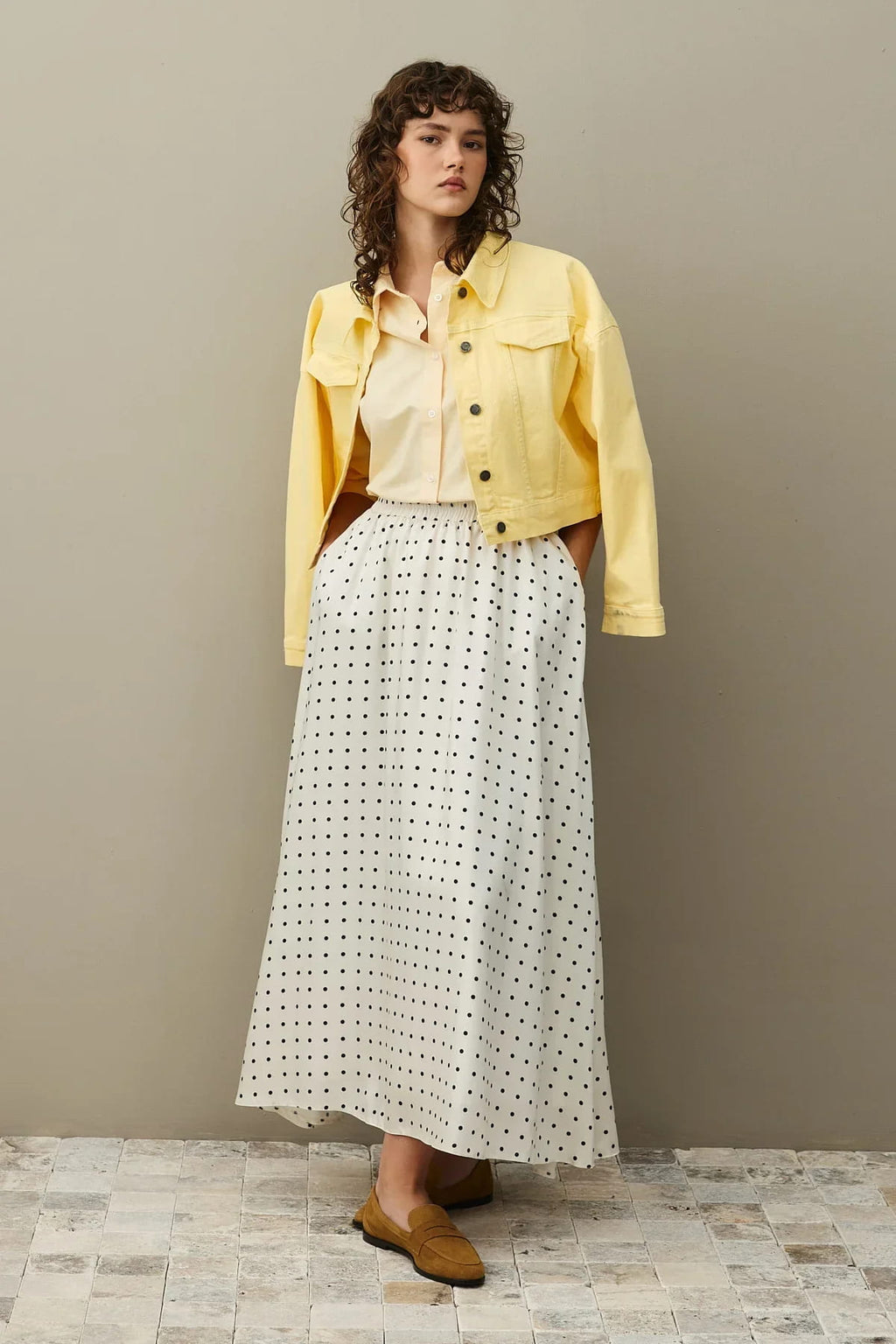 Ecru Satin Polka Flared Skirt
