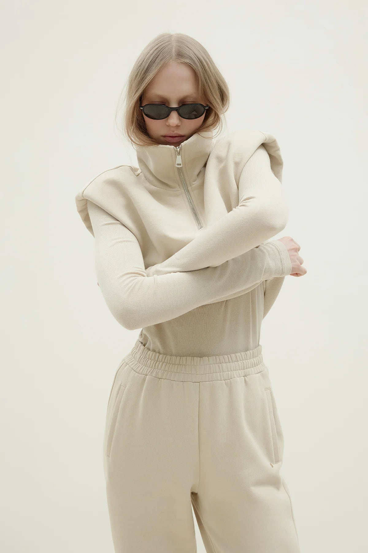 Beige roux zippered vest tracksuit