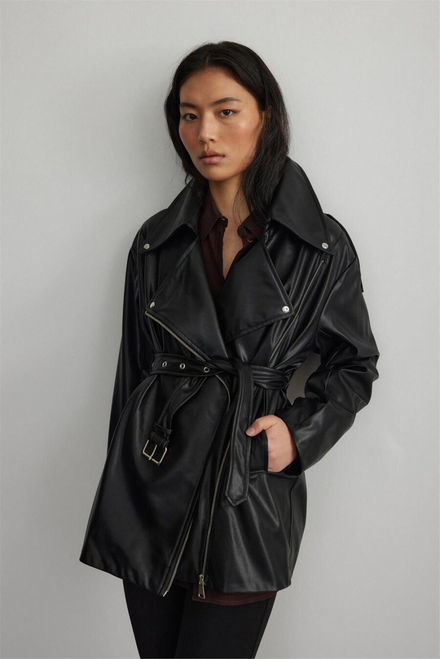 Black faux leather biker jacket - kan store