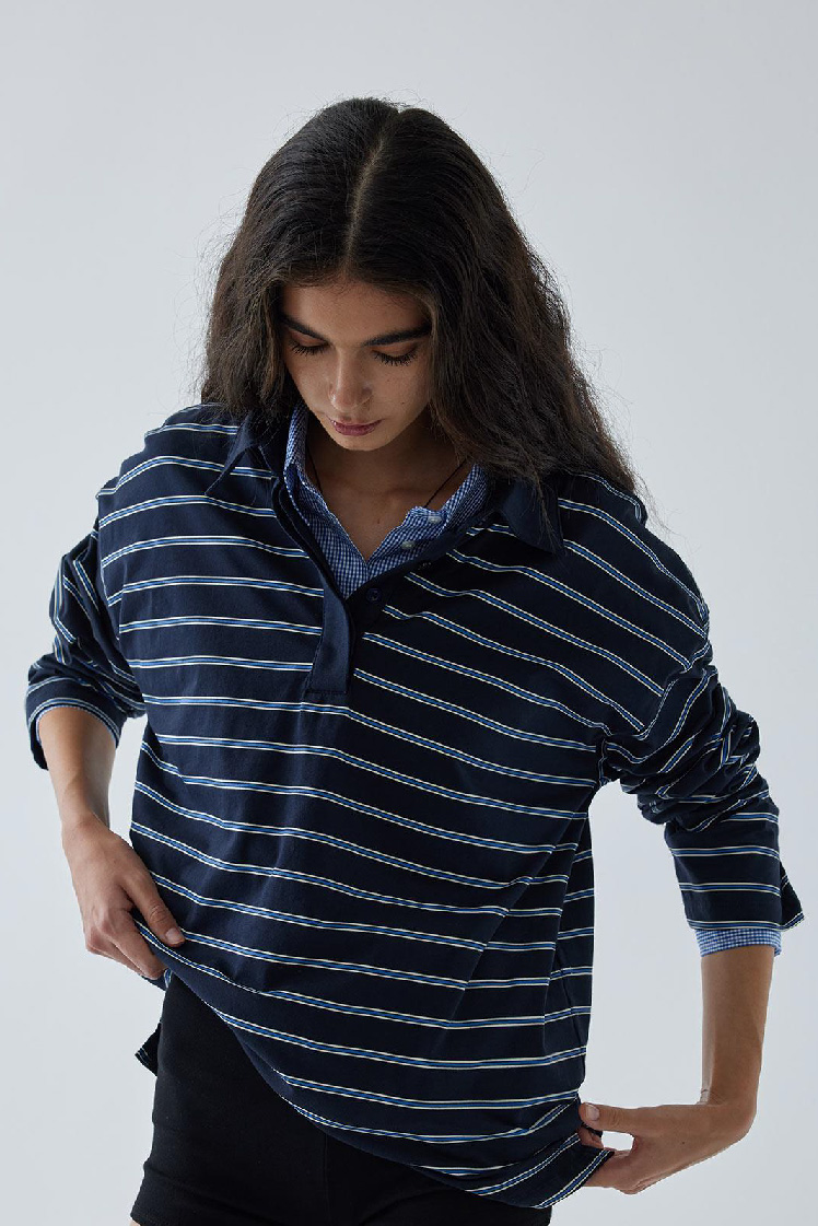 Navy blue striped polo neck t-shirt