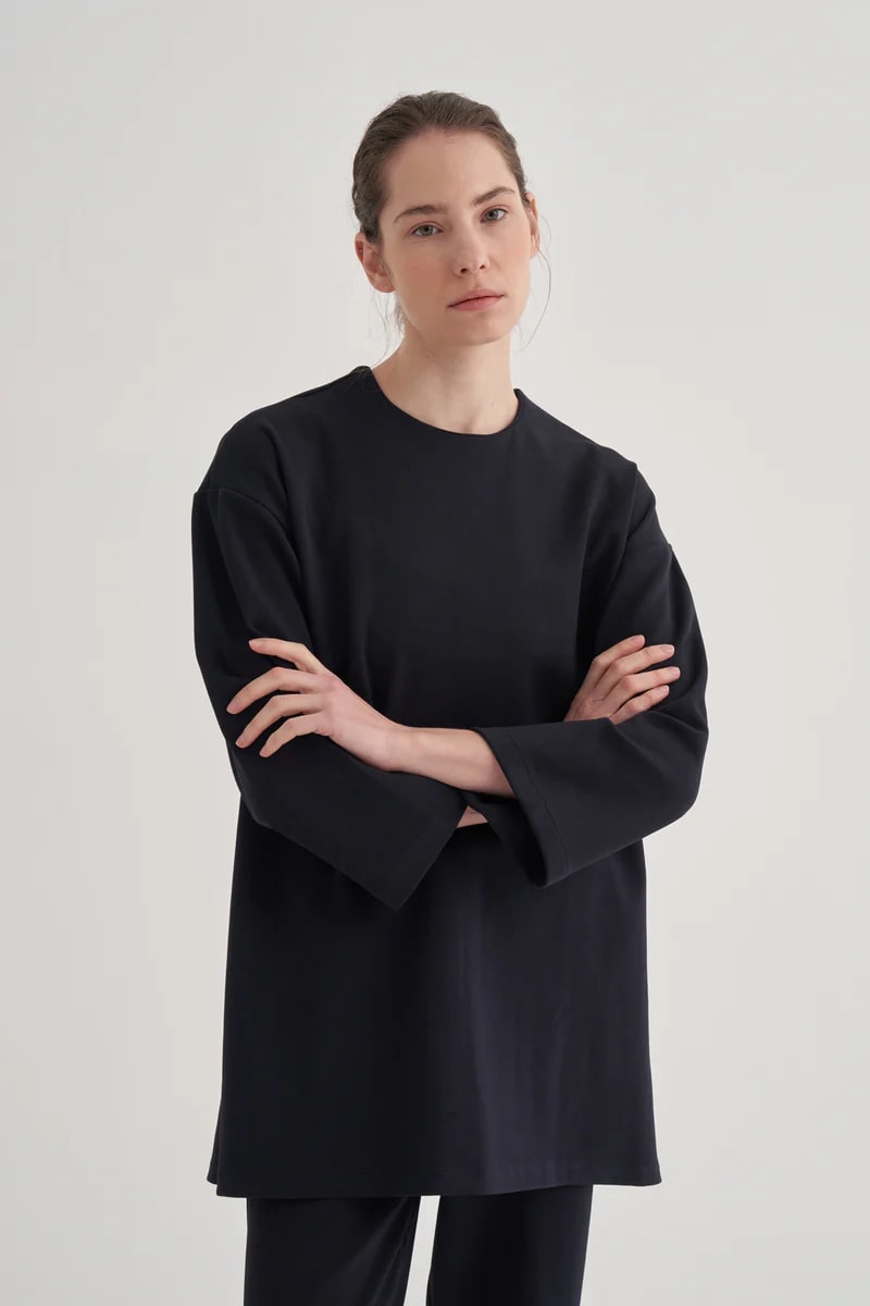 navy-blue-interlock-tie-front-tunic-KANStore Navy blue interlock tie-front tunic