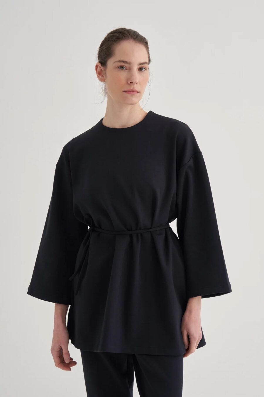 navy-blue-interlock-tie-front-tunic-KANStore Navy blue interlock tie-front tunic