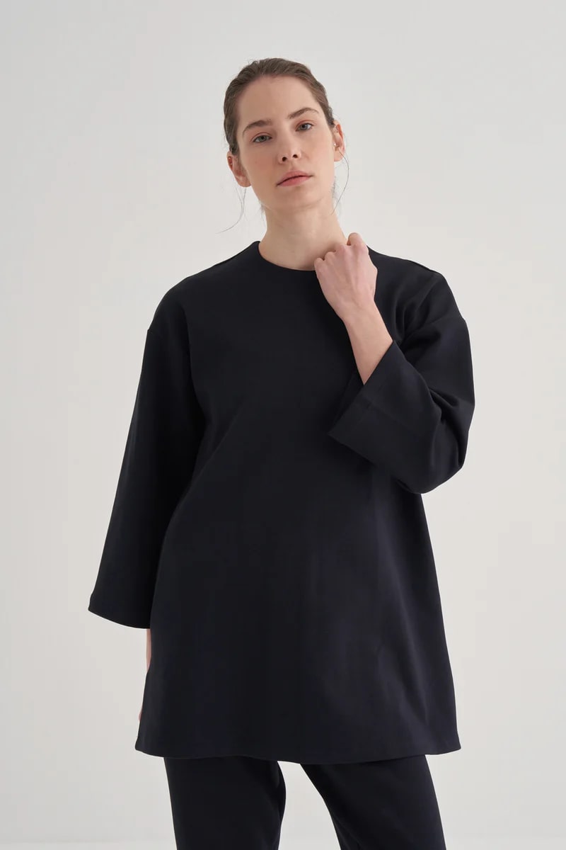 navy-blue-interlock-tie-front-tunic-KANStore Navy blue interlock tie-front tunic