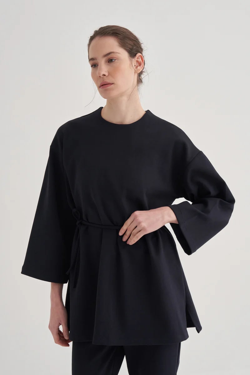 navy-blue-interlock-tie-front-tunic-KANStore Navy blue interlock tie-front tunic