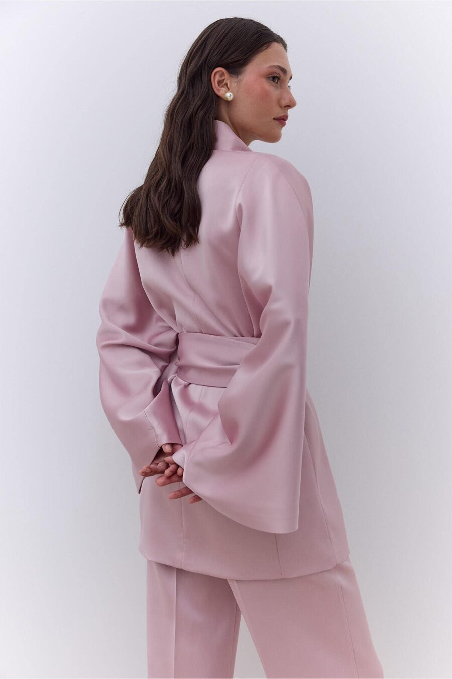 Satin belted kimono powder pink