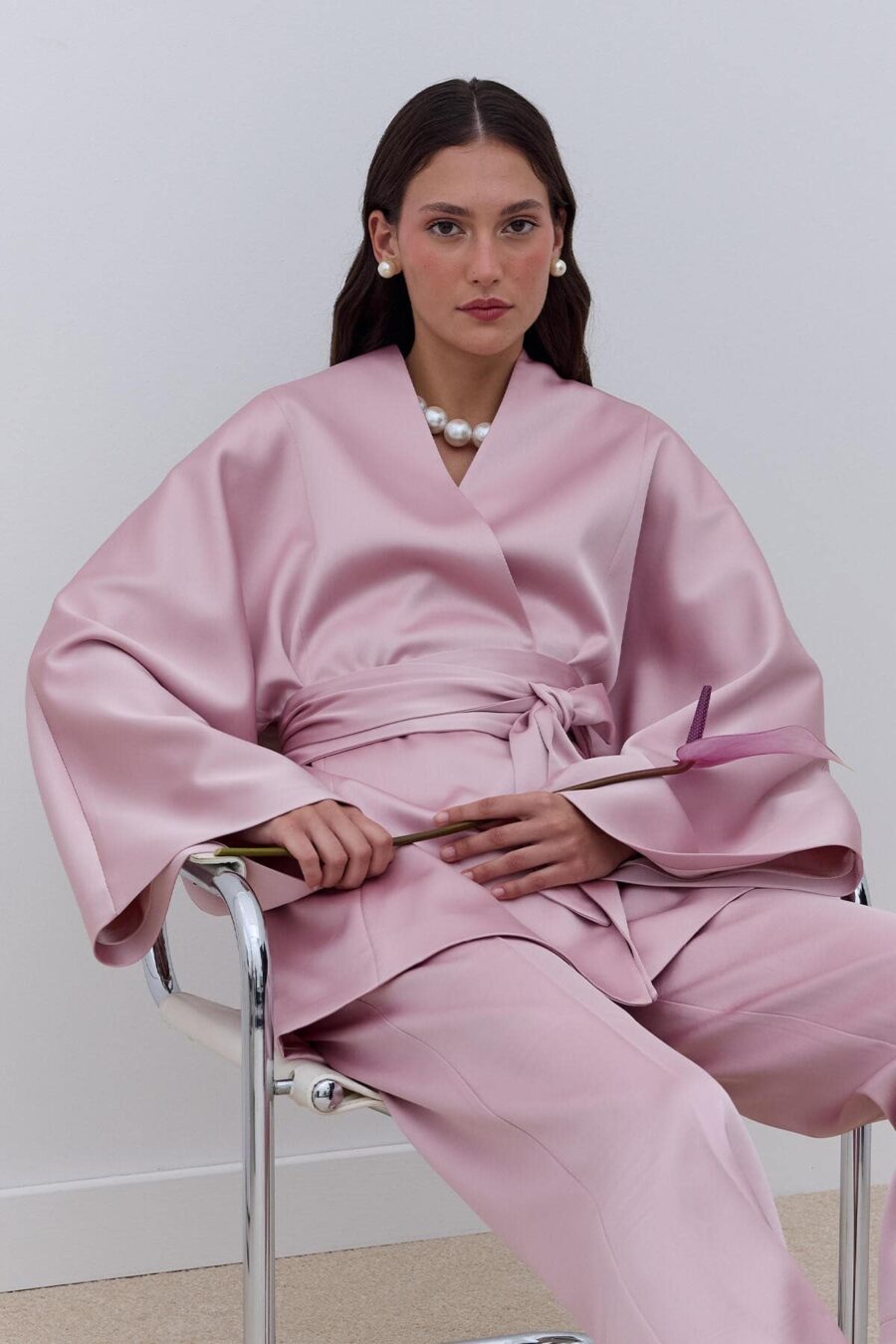 Satin belted kimono powder pink