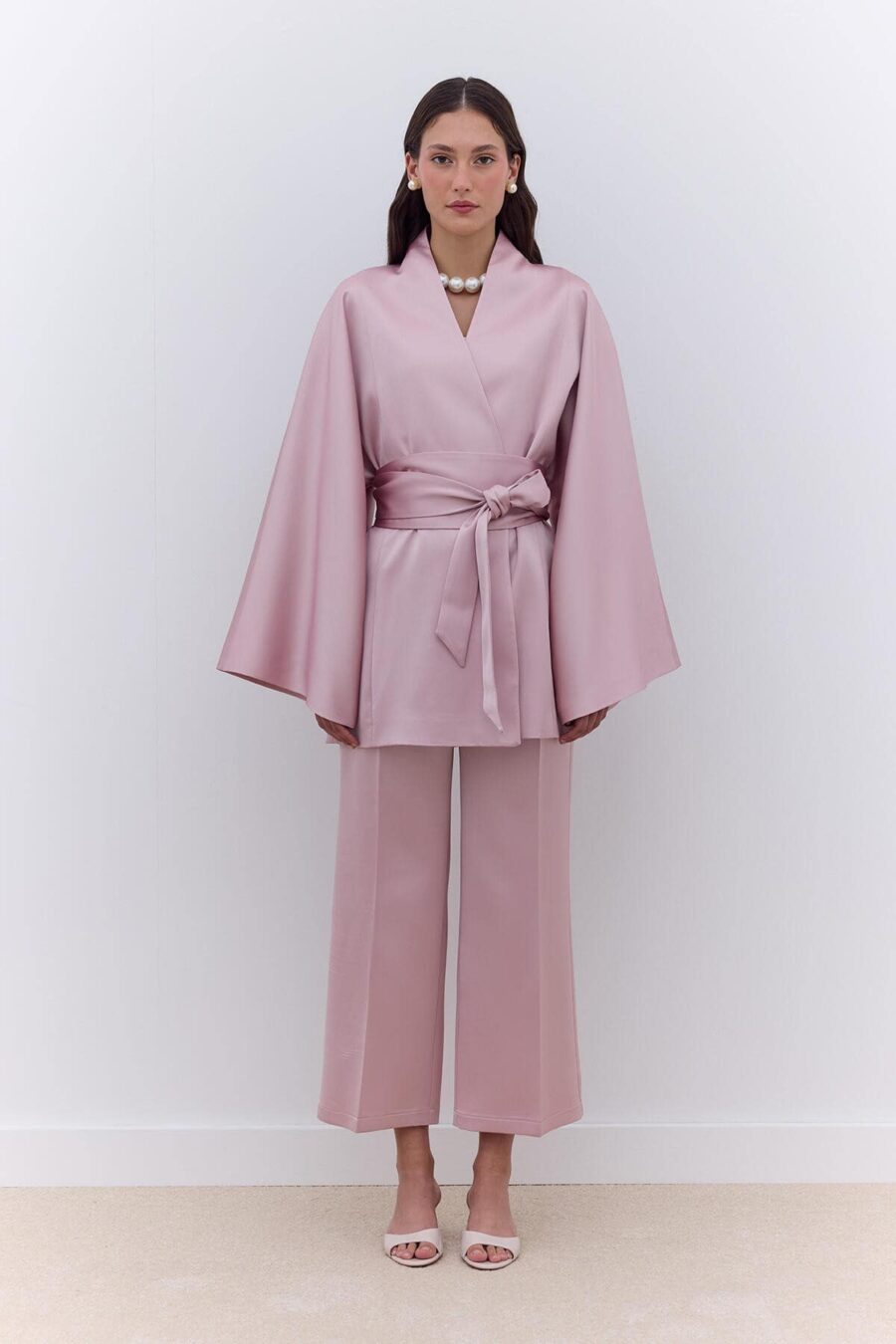 Satin belted kimono powder pink