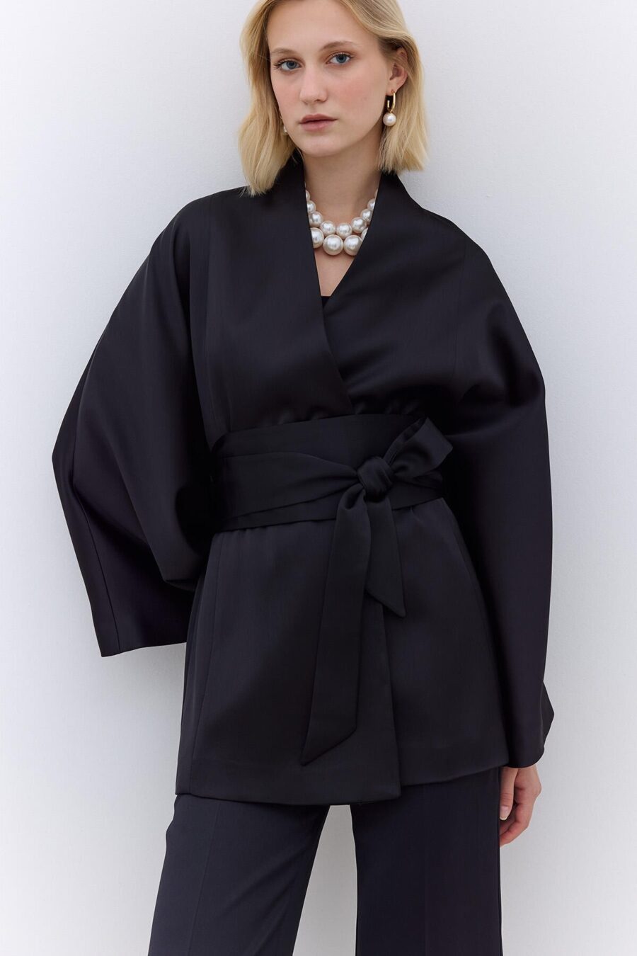 Black kimono satin suit