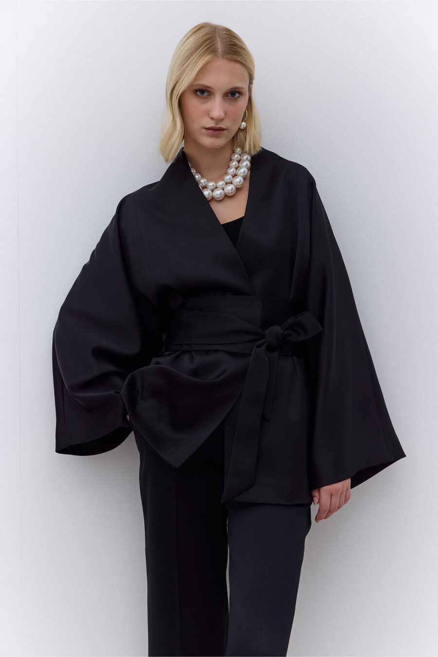 Black kimono satin suit