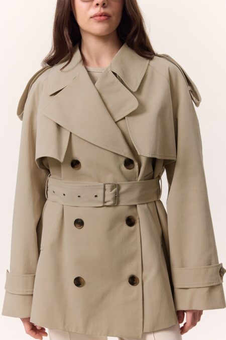 Double breasted short trench coat sand