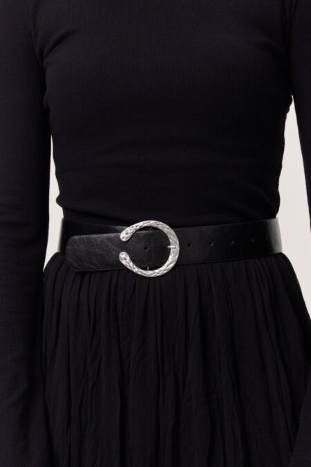 Black leather belt with embossed buckle