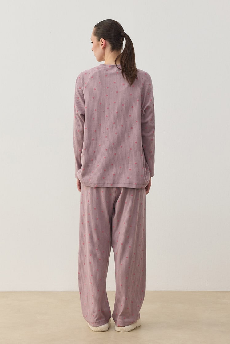 Patterned corduroy cotton relax pijama set with plum flower
