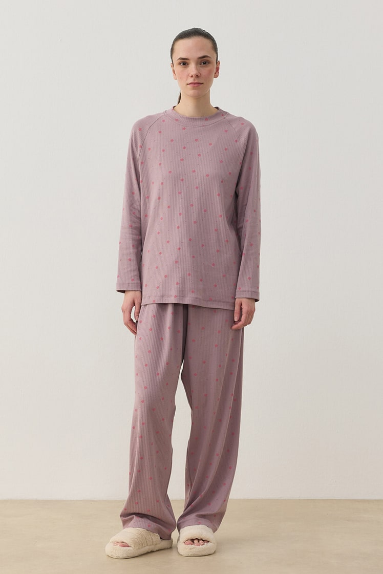Patterned corduroy cotton relax pijama set with plum flower
