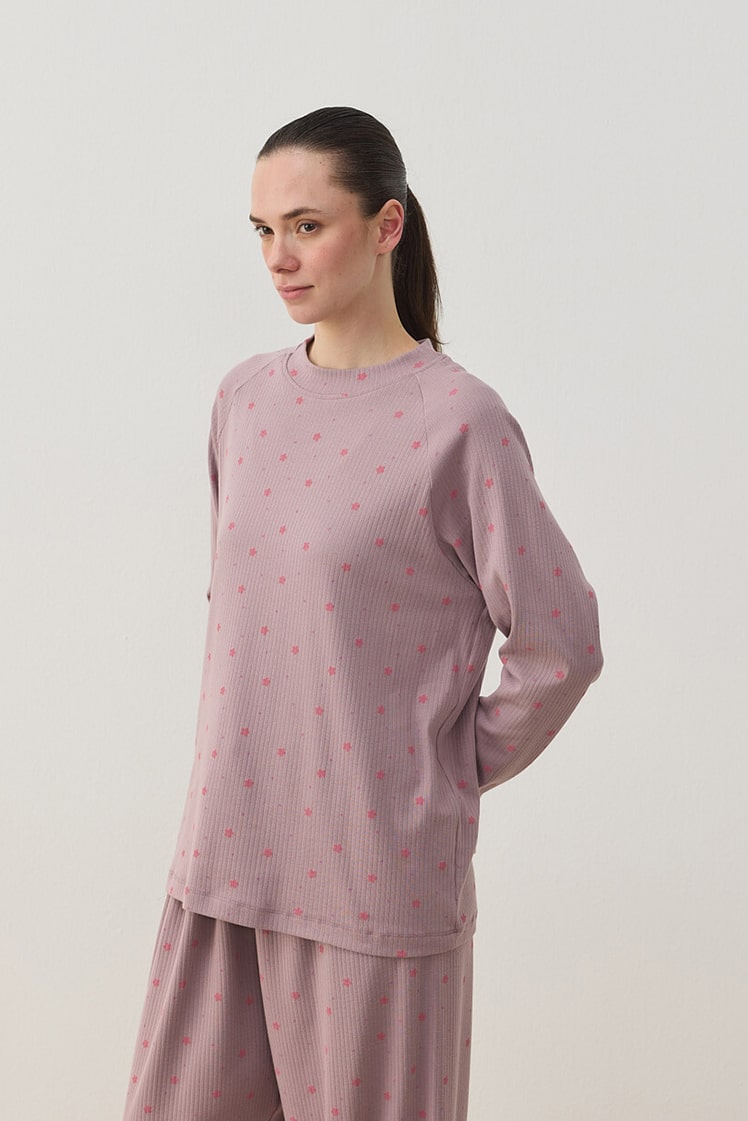 Patterned corduroy cotton relax pijama set with plum flower