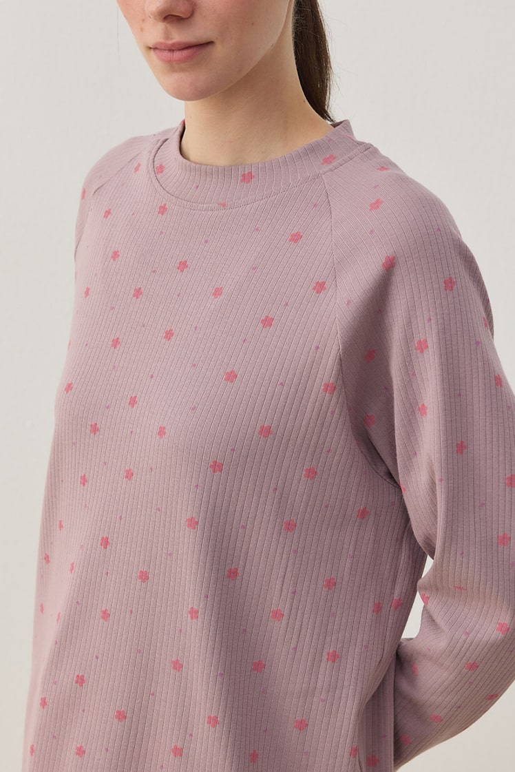 Patterned corduroy cotton relax pijama set with plum flower