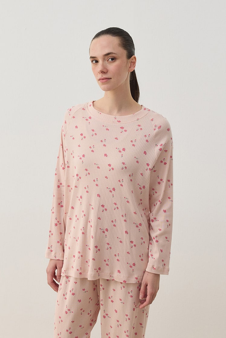 Patterned corduroy cotton relax pijama set powder floral