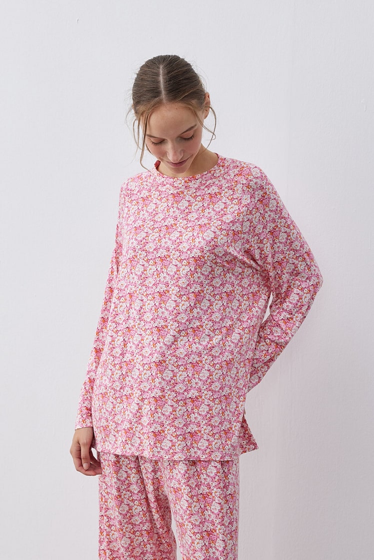 Patterned cotton relax pijama set with pink flowers