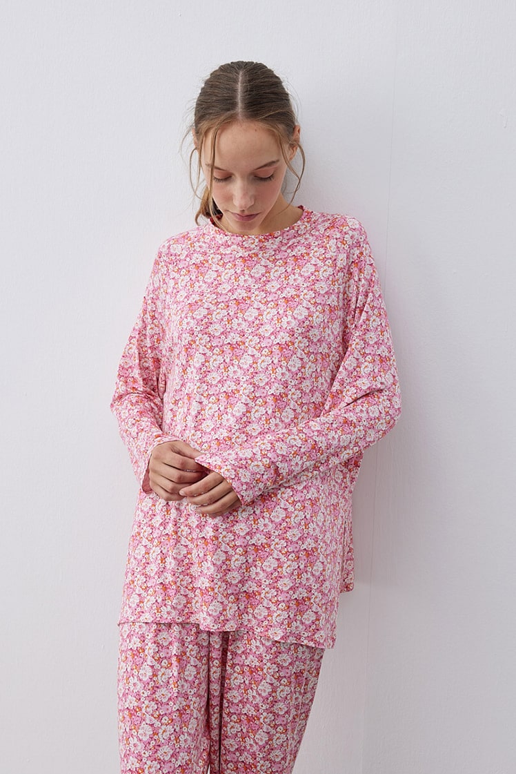 Patterned cotton relax pijama set with pink flowers