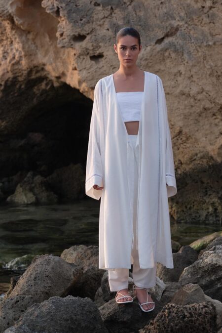 Linen scallop detailed kimono ecru