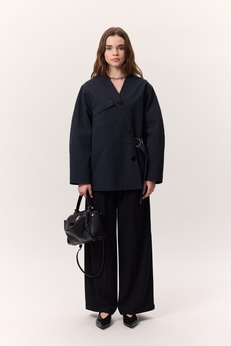 Buckle detailed wrap design jacket navy