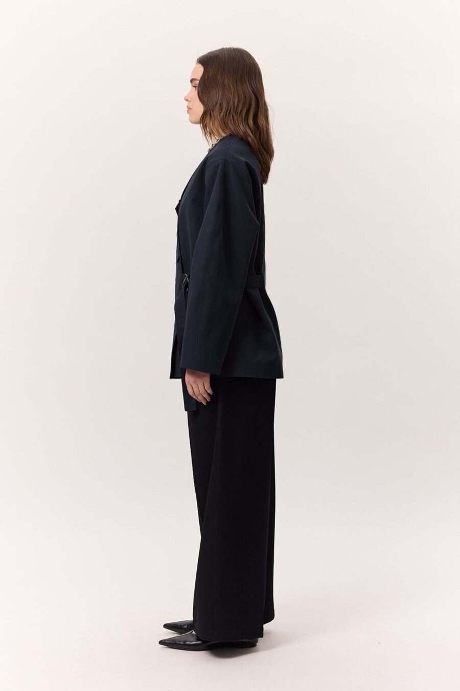 Buckle detailed wrap design jacket navy