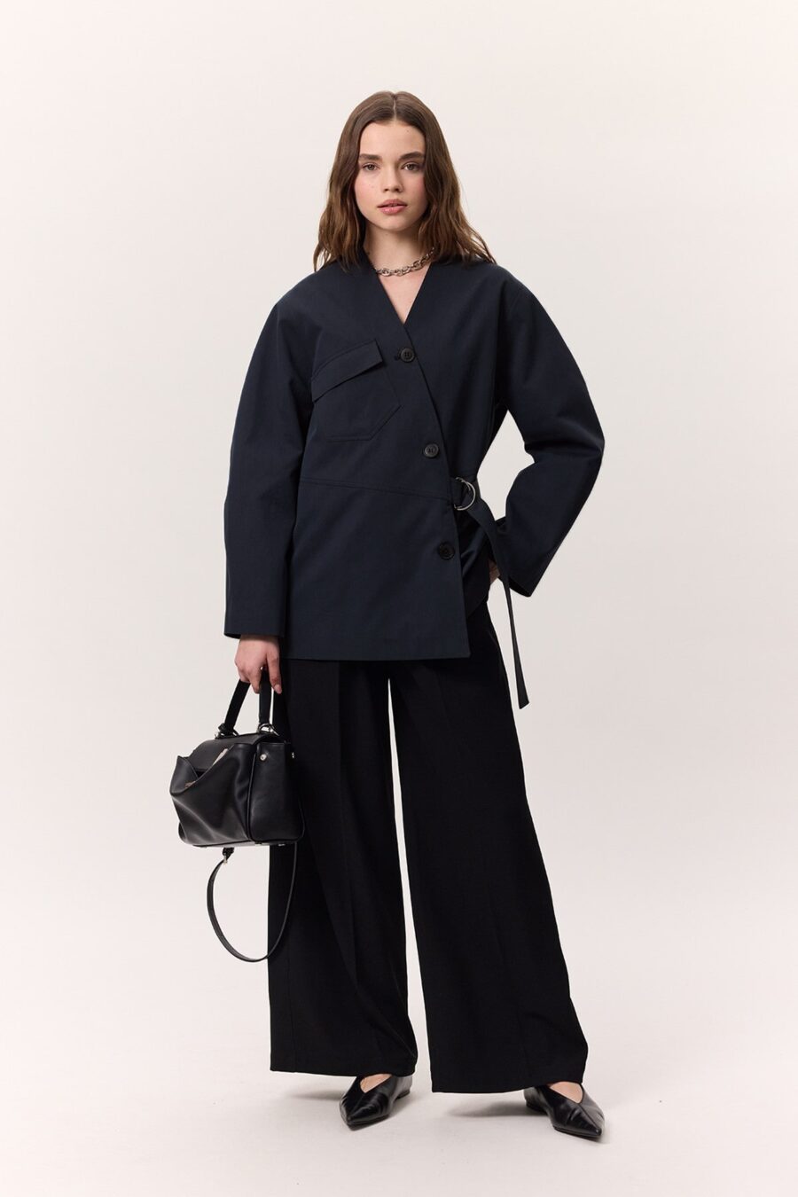 Buckle detailed wrap design jacket navy