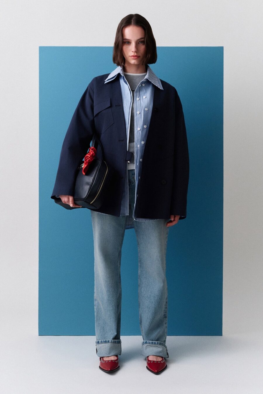 Buckle detailed wrap design jacket navy