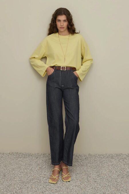Striped straight denim trousers navy blue