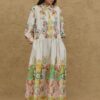 Patterned pleated dress natural