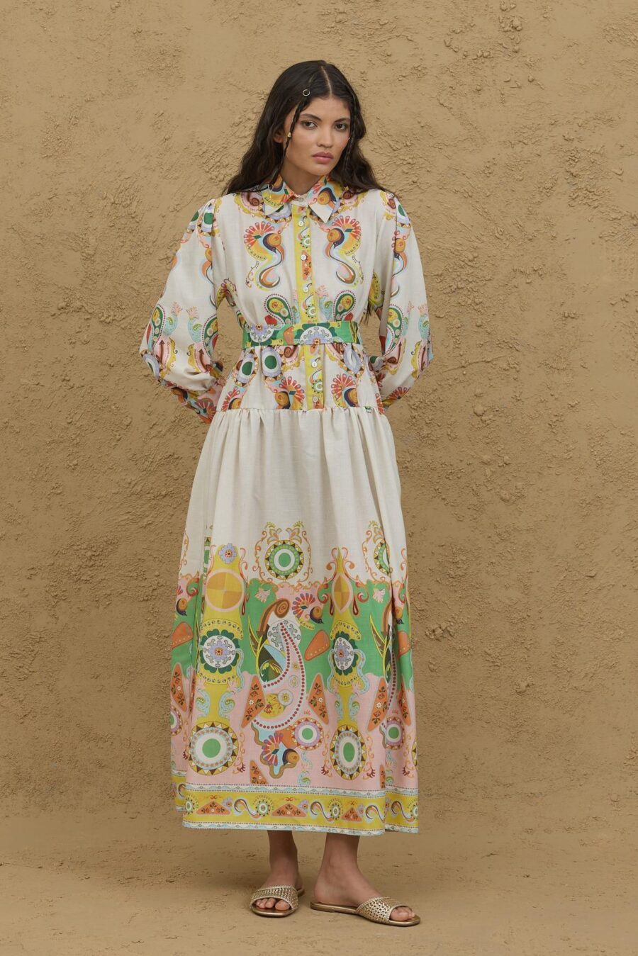 Patterned pleated dress natural