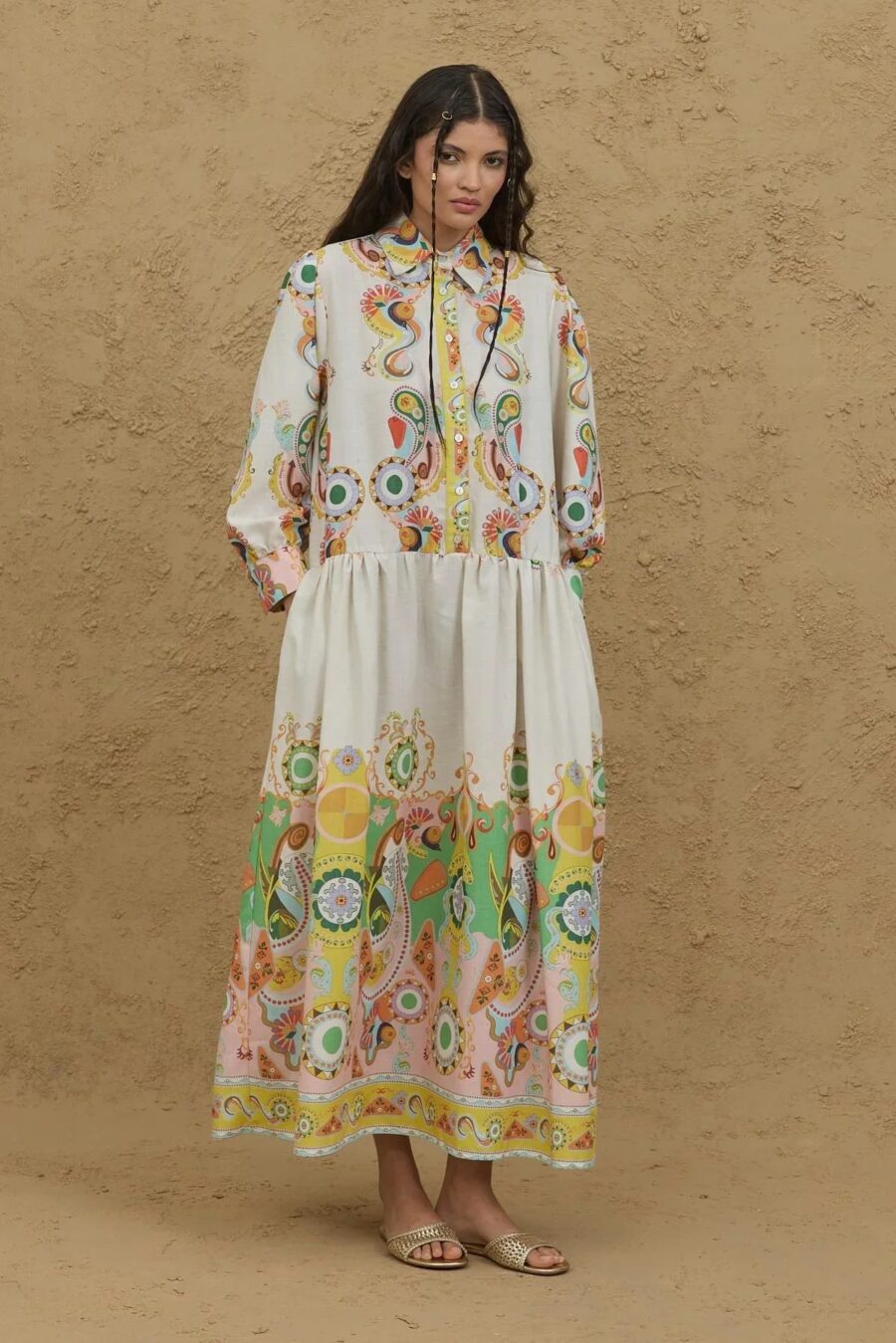 Patterned pleated dress natural