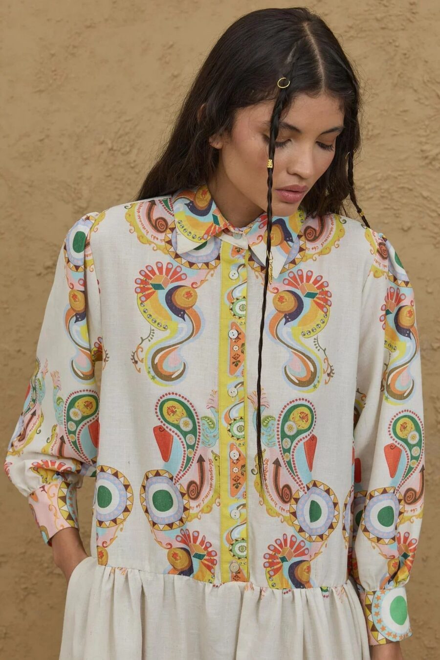 Patterned pleated dress natural