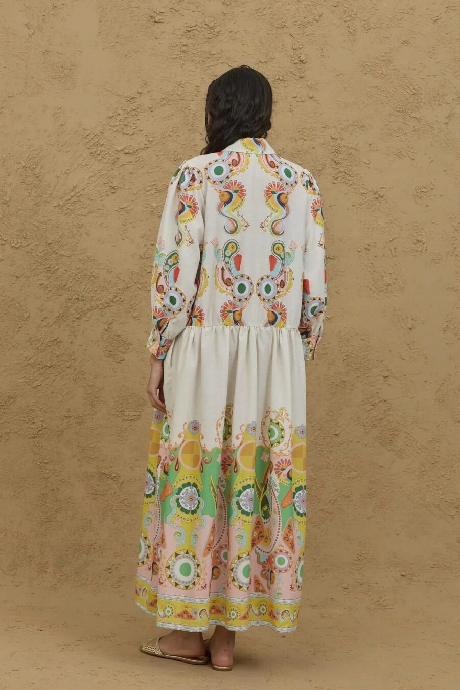 Patterned pleated dress natural