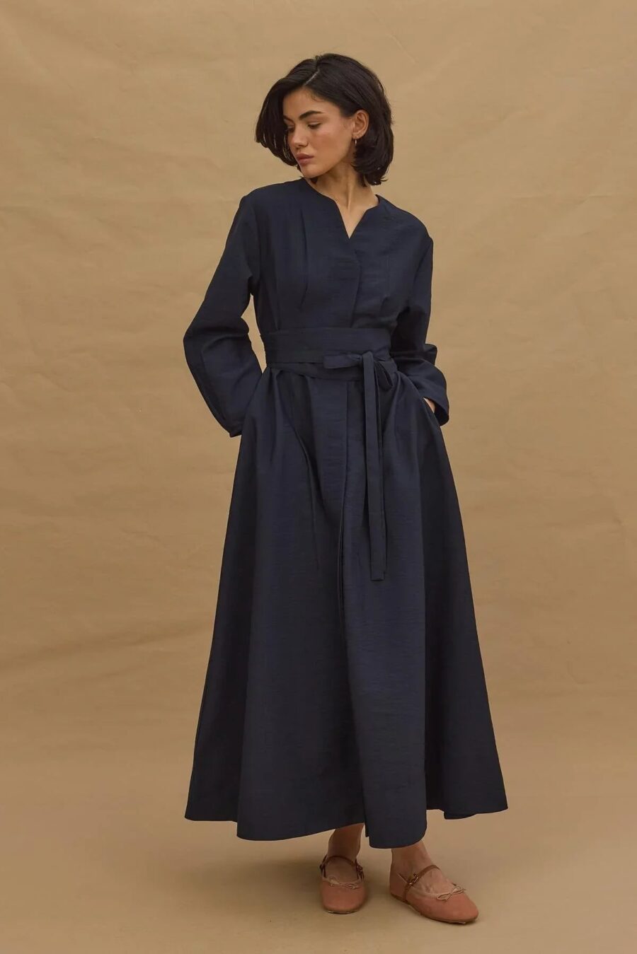 Wide belted dress navy blue