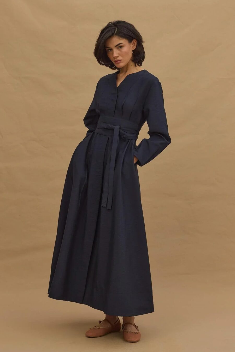 Wide belted dress navy blue