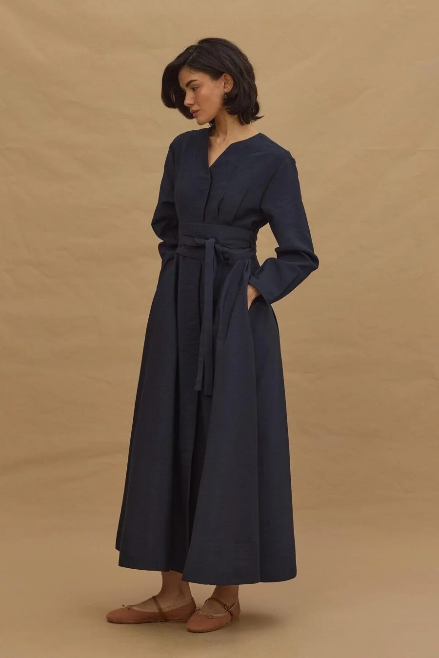Wide belted dress navy blue