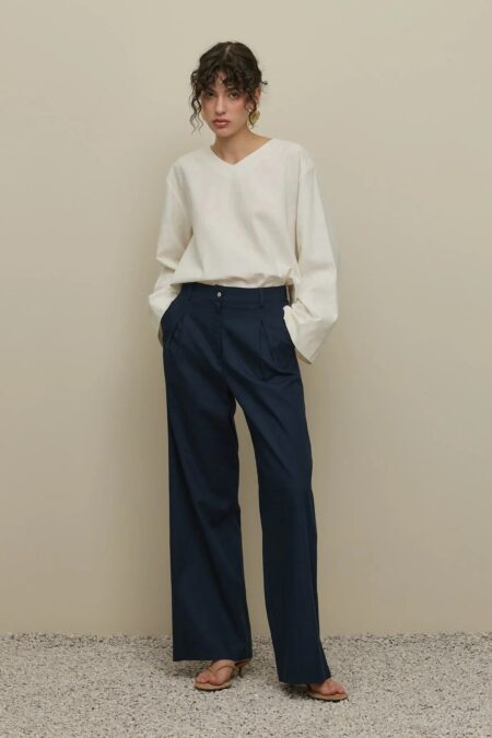 Linen straight pants navy blue