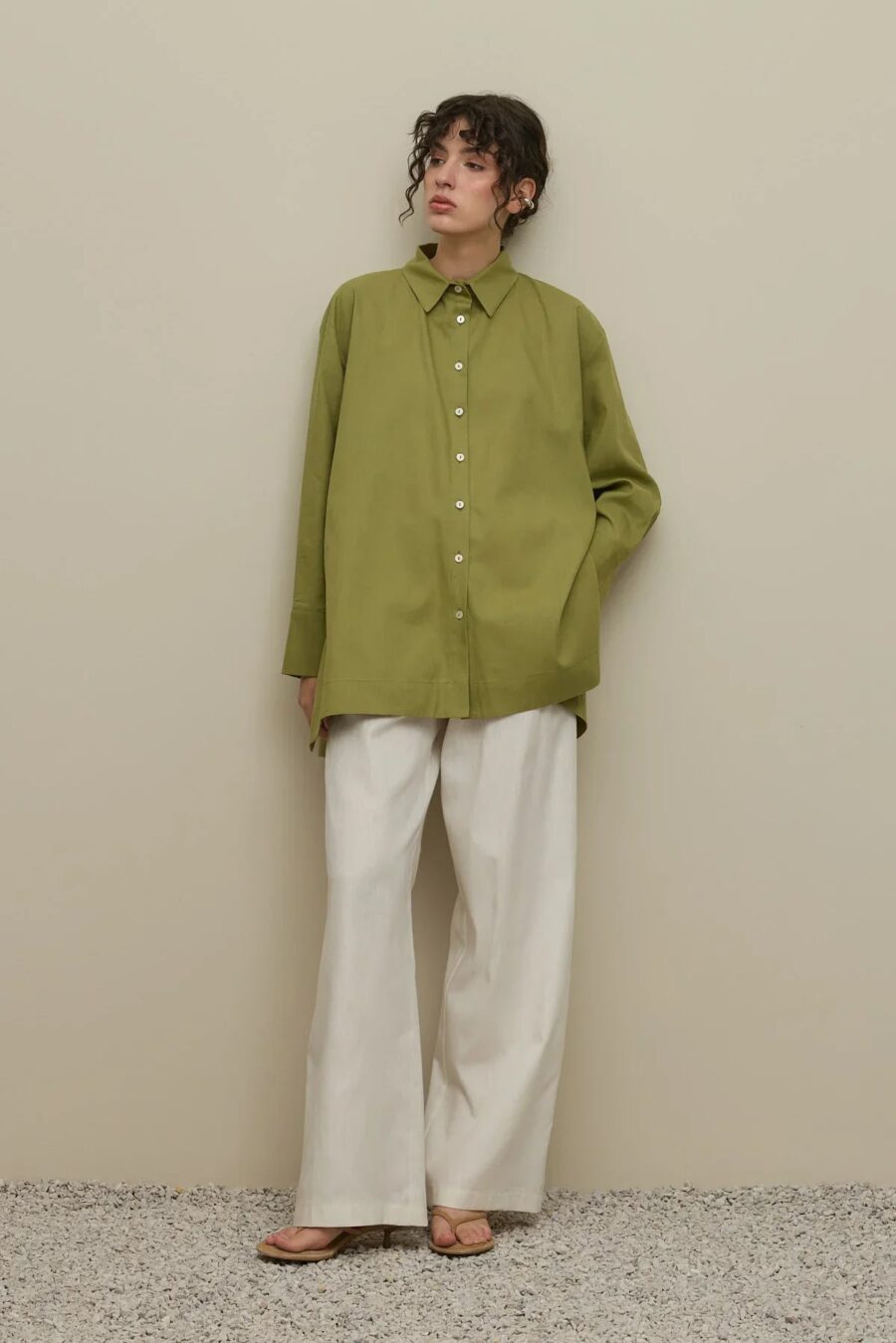 Lyocell linen thick-cuffed shirt green