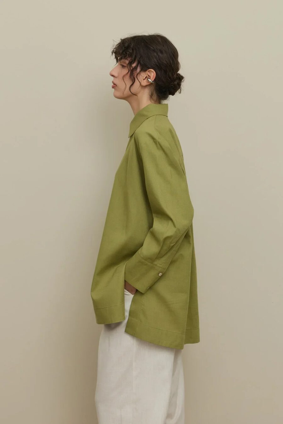 Lyocell linen thick-cuffed shirt green