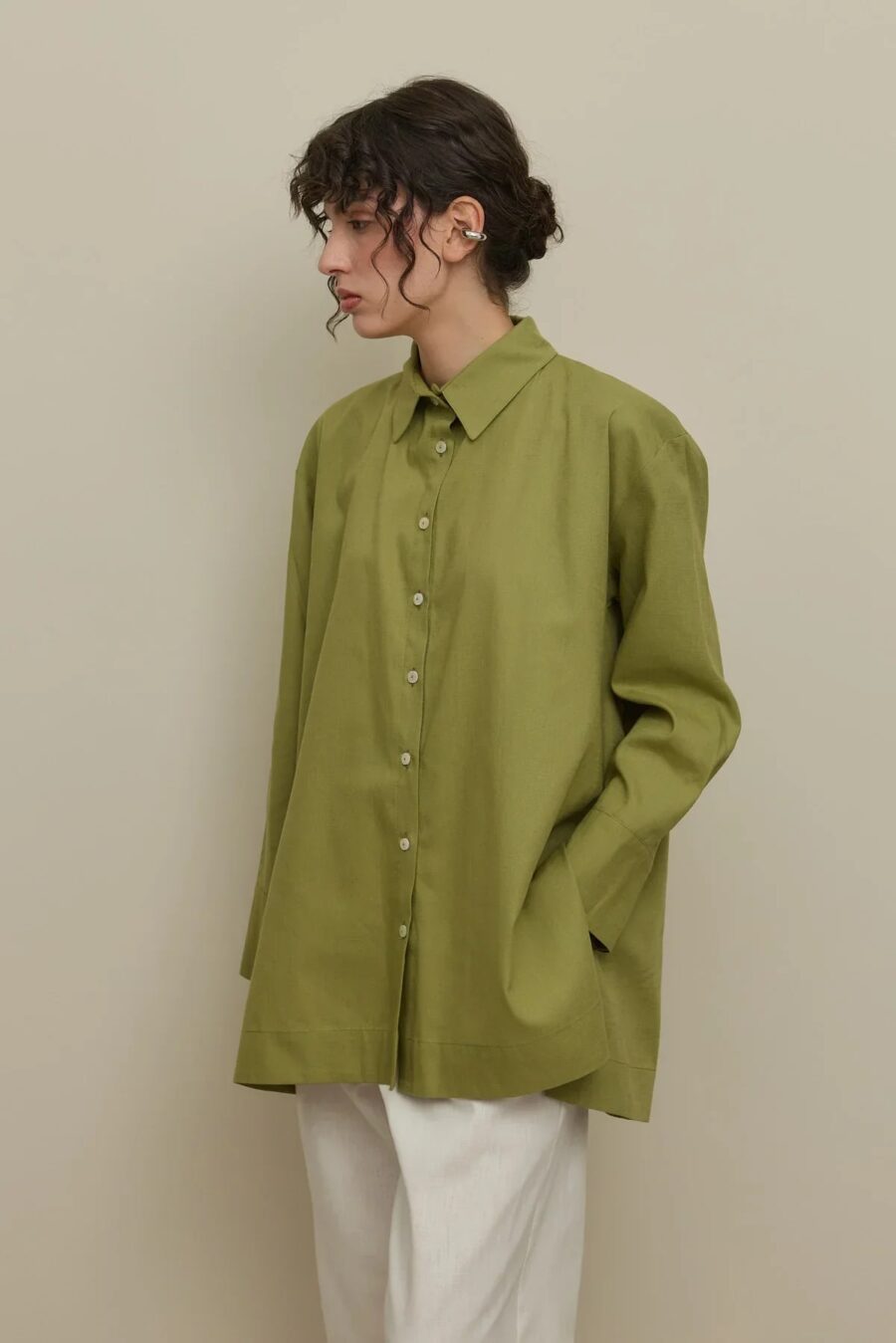 Lyocell linen thick-cuffed shirt green