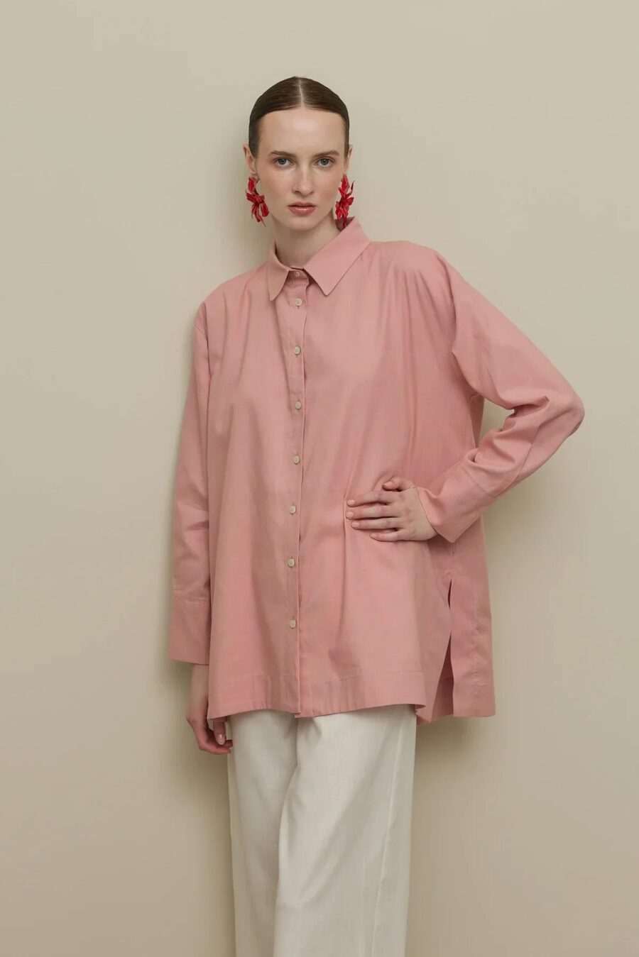 Lyocell linen thick-cuffed shirt pink