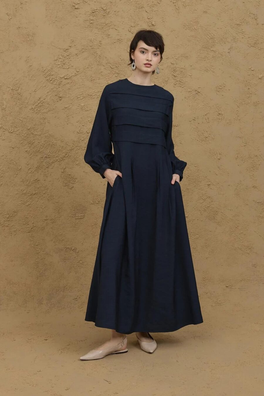 Wide front ribbed dress navy blue