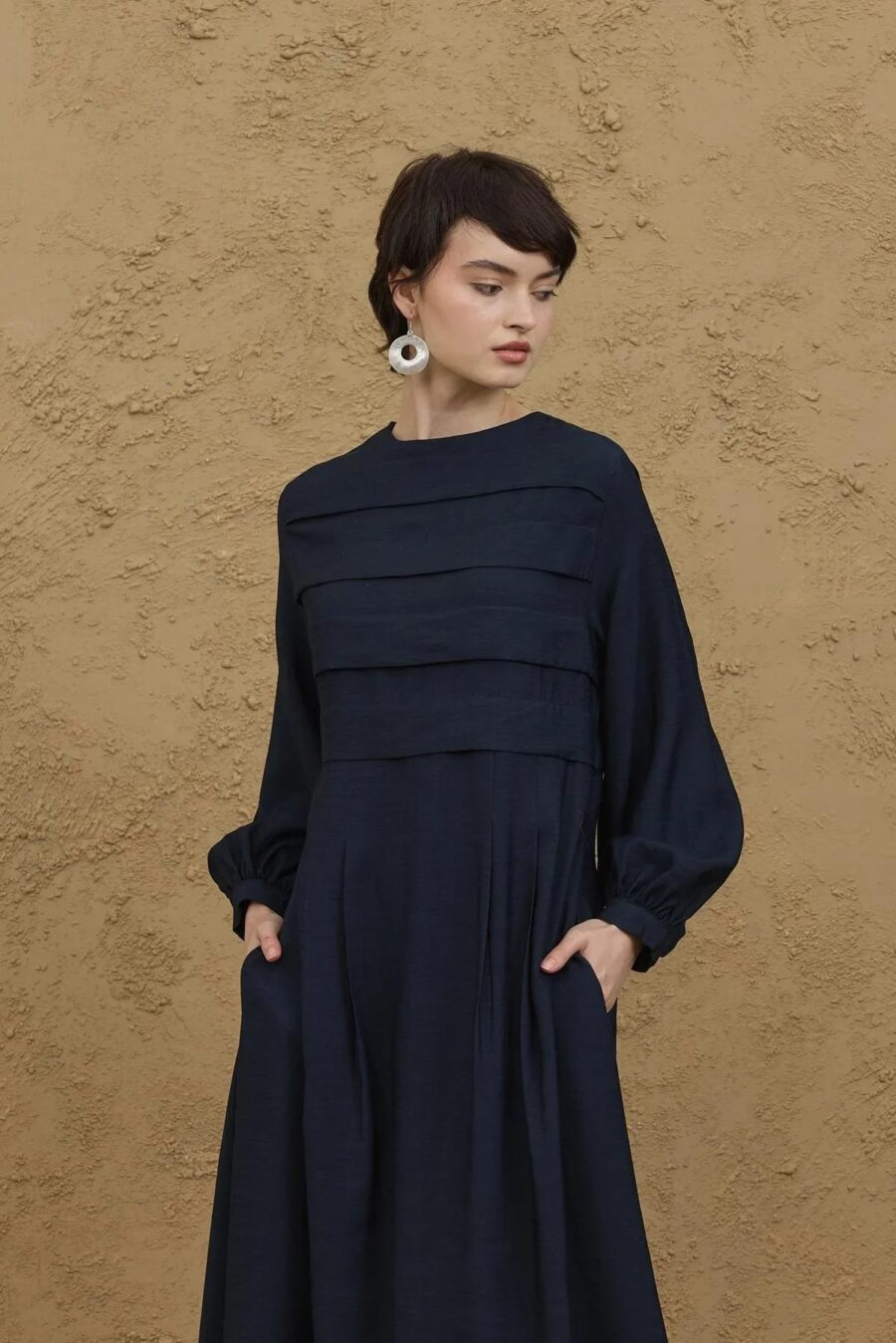 Wide front ribbed dress navy blue