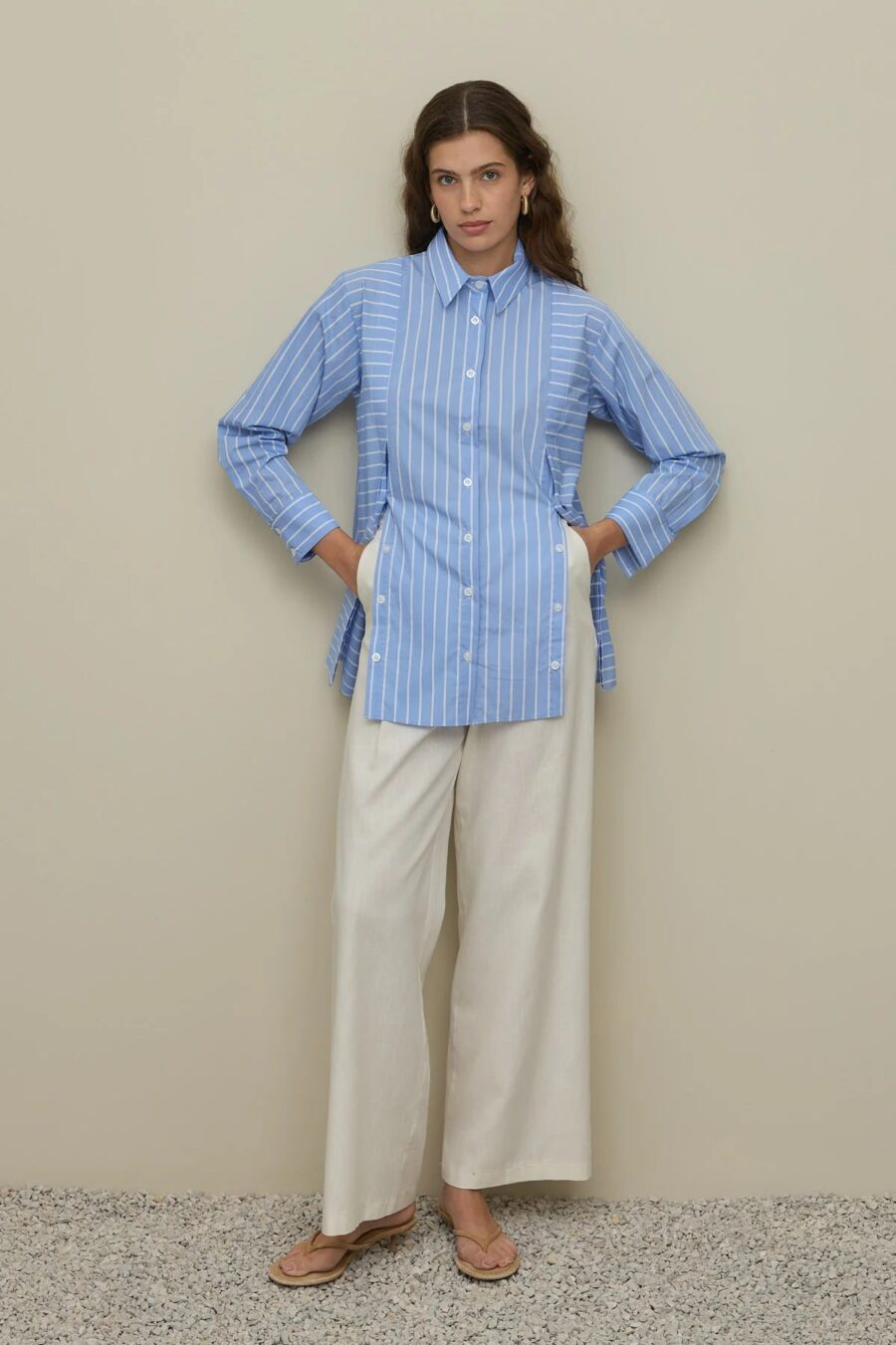 Placket detailed striped shirt blue