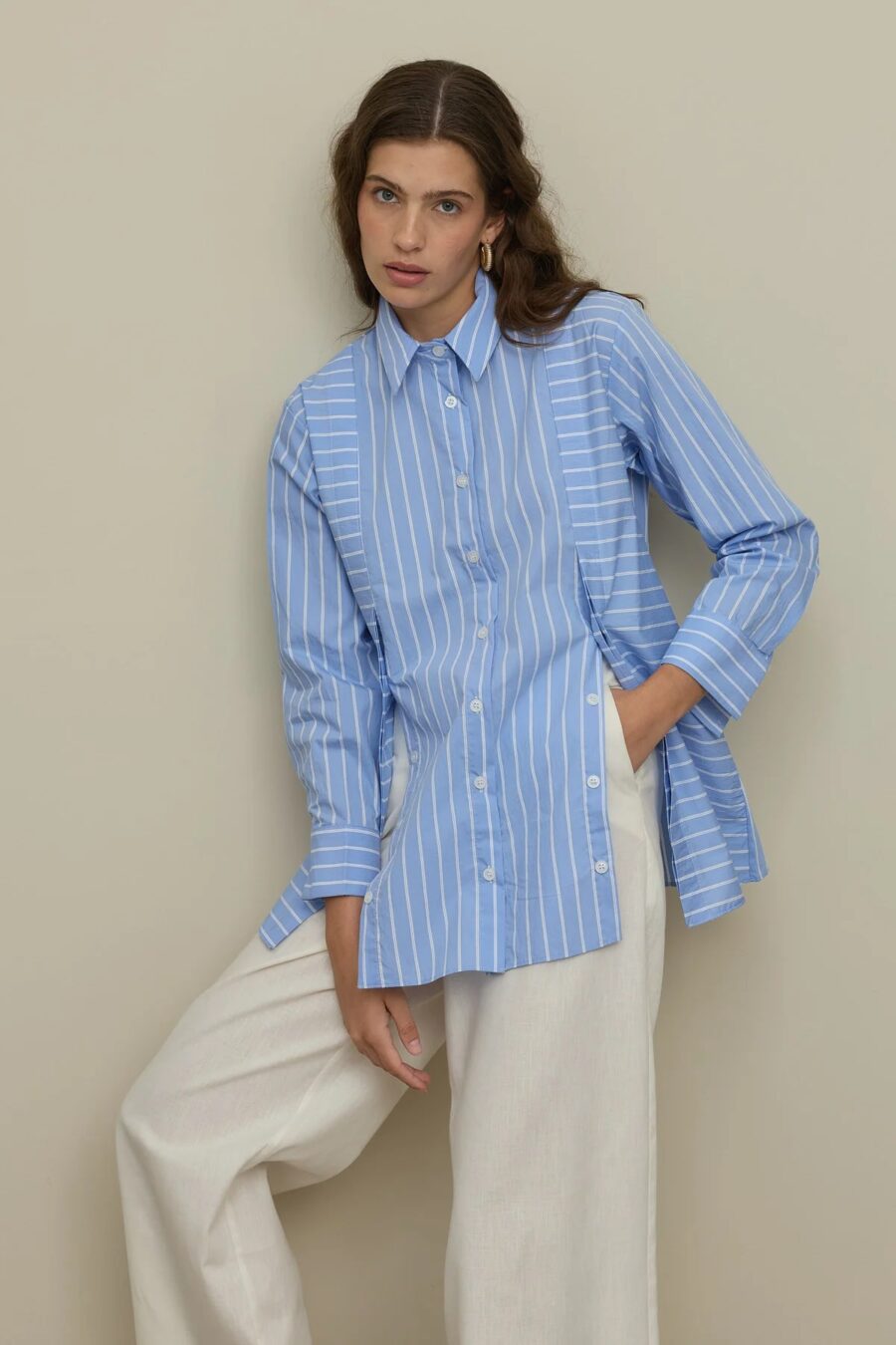 Placket detailed striped shirt blue