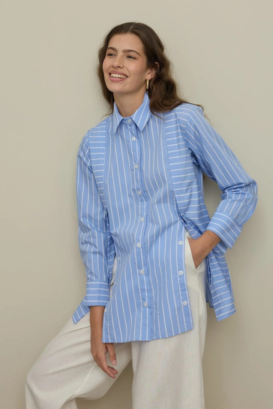 Placket detailed striped shirt blue