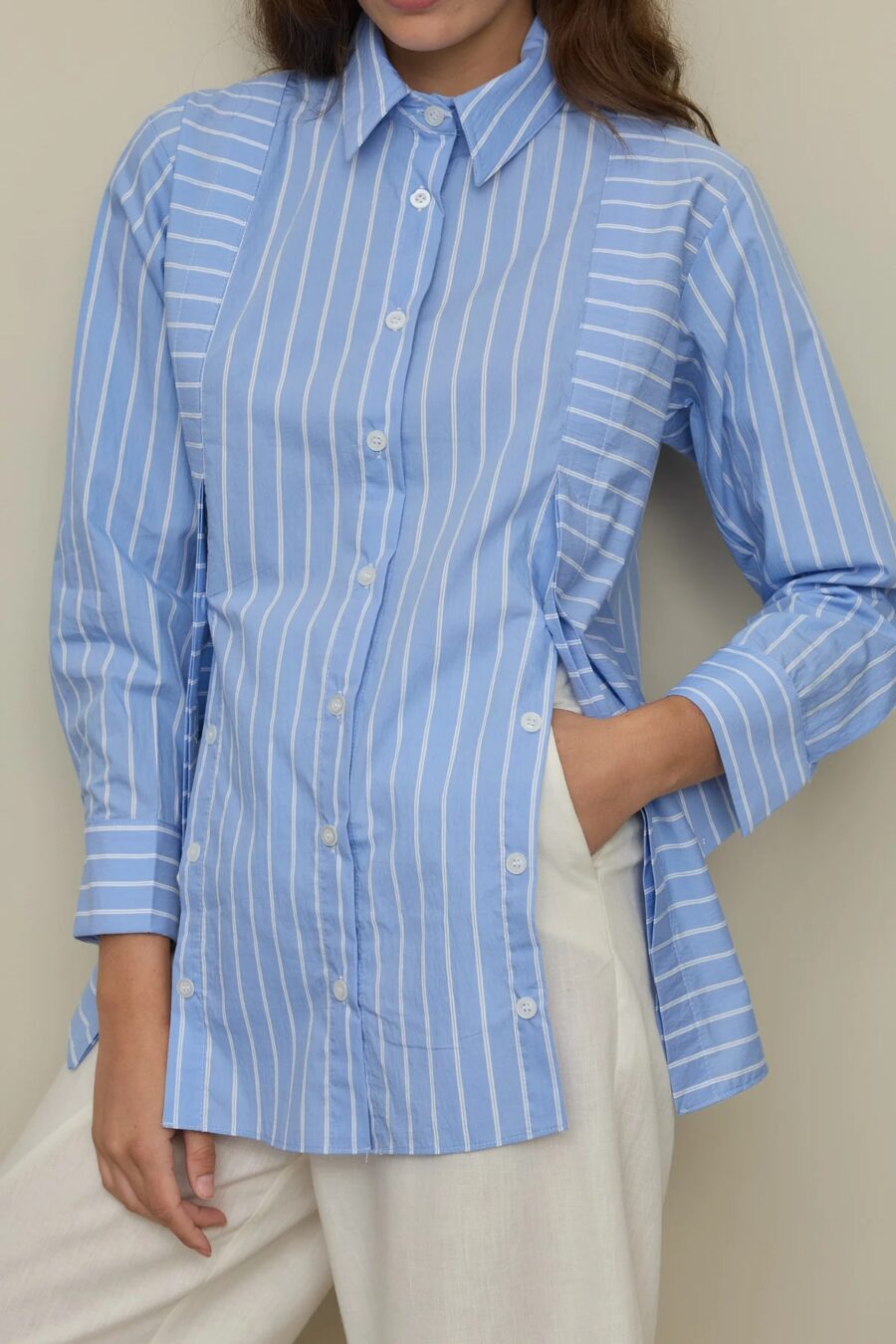 Placket detailed striped shirt blue