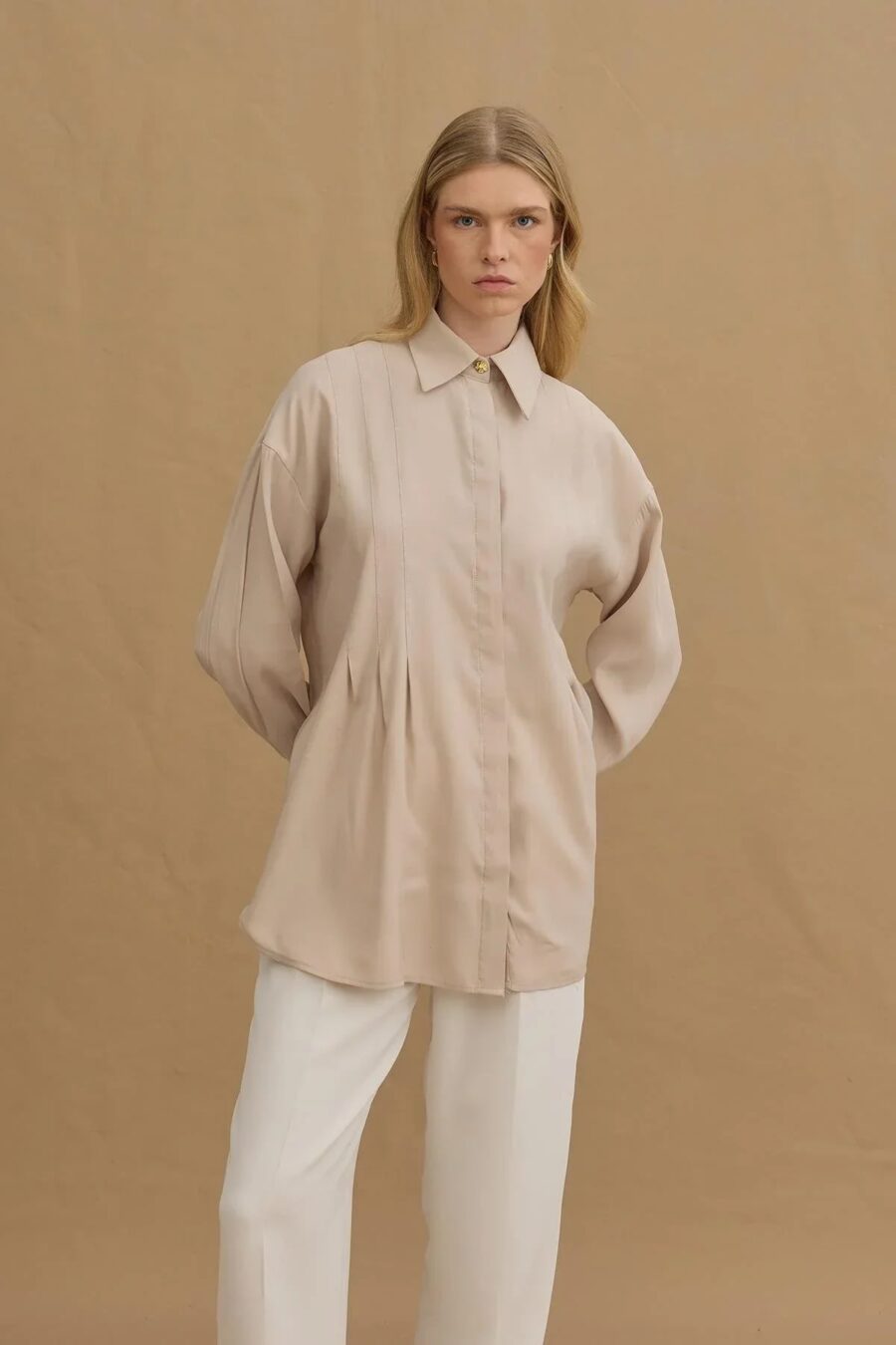 Pleated tencel shirt stone
