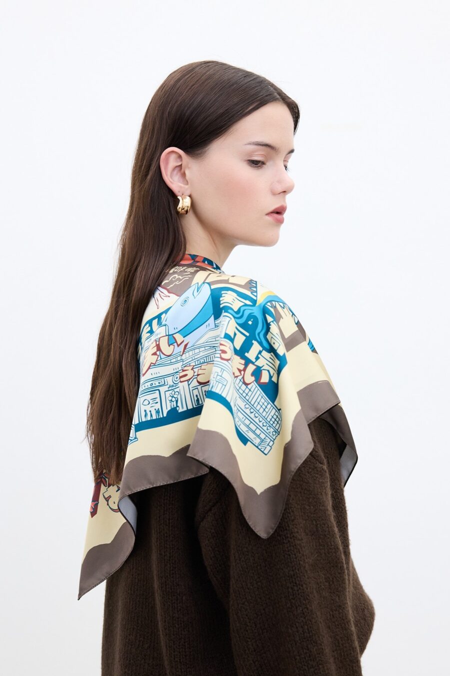 Patterned satin neck scarf japanese culture brown