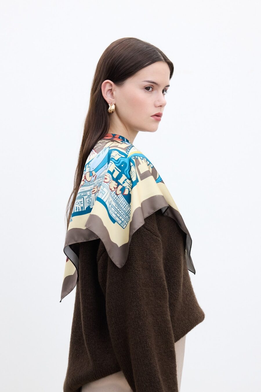 Patterned satin neck scarf japanese culture brown